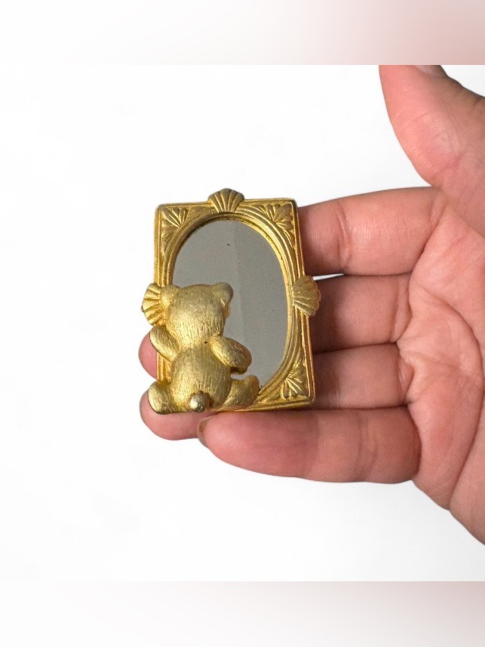 Vintage JJ Jonette Gold Teddy Bear Mirror Frame Brooch Pin 1980s Novelty